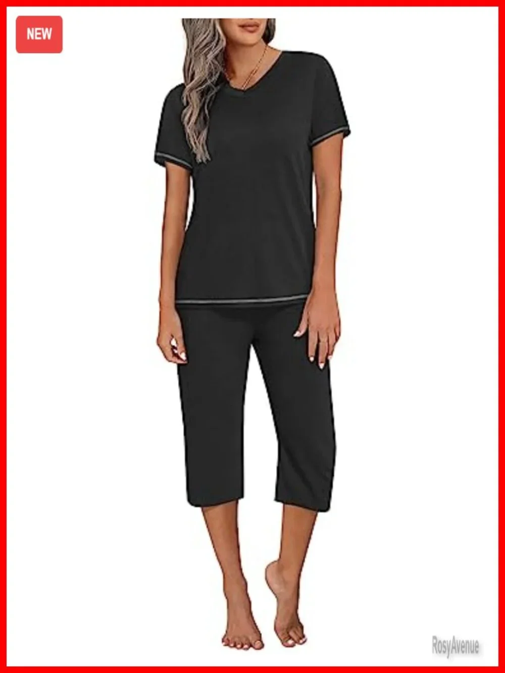 Short Sleeve V-Neck Capri Pajama Set with Pockets